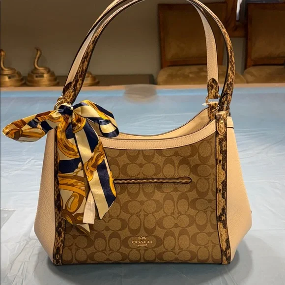 Coach Tan and Cream Signature Shoulder Bag With Purse Scarf - Picture 1 of 13